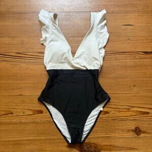 Summersalt white black ruffle plunge neckline cheeky one piece swimsuit SIZE 4